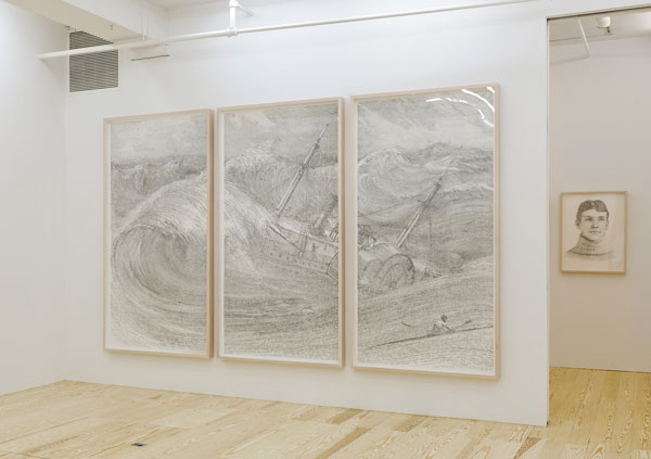 Courtesy of Winkleman Gallery, New York  Installation shot of Michael Waugh’s “Political Economy (The Wealth of Nations, parts 19, 20, & 21” (2012, ink on mylar, 3 panels, 84" x 42" each).