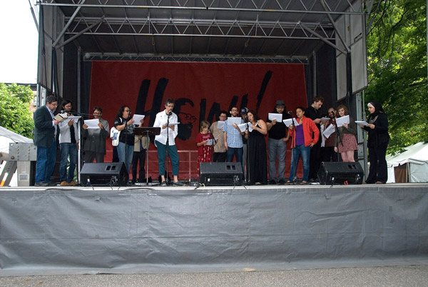 Photo by Roe Carroll At the HOWL! Festival’s 2012 opening celebration, a Greek chorus of voices read their own work, followed by the signature reading of Allen Ginsberg’s “Howl.” 