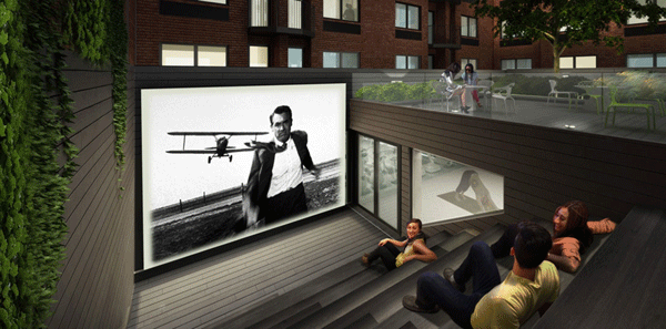 A rendering of the outdoor movie theater planned for the courtyard of 101 W. 15th St., as shown on the building’s promotional website.