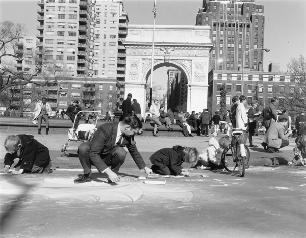 A man smoking a pipe and children competed in a chalking contest in Washington Square Park in November 1966.  NYC PARKS DEPARTMENT