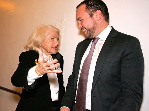 Corey Johnson chatted with Edie Windsor, the famed plaintiff in the recent Supreme Court case that struck down DOMA, at the West Village’s LGBT Center on the night of his election to City Council.   Photo by Sam Spokony