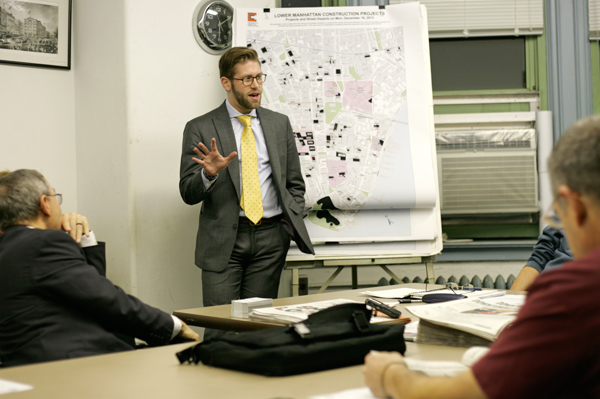 L.M.C.C.C acting executive director Joseph Simenic speaking at a C.B. 1 meeting on Dec. 16. Downtown Express photo by Sam Spokony 