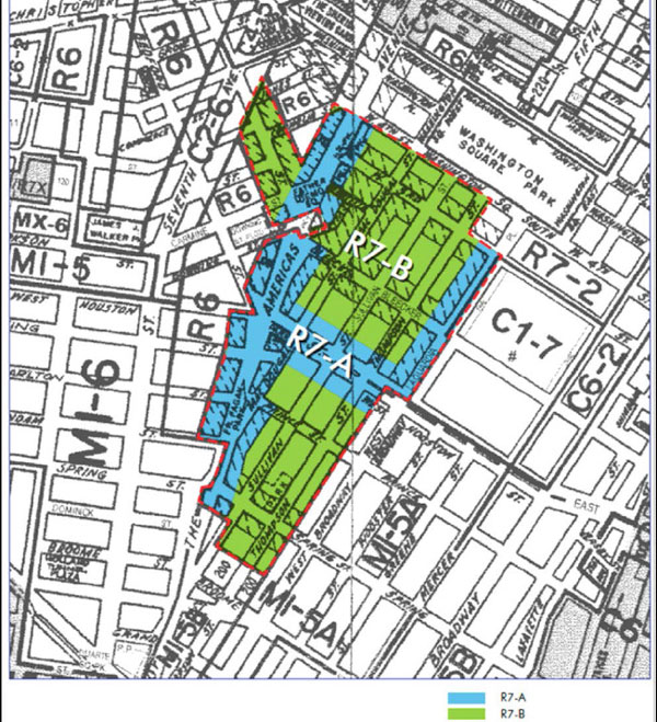 A zoning map showing the R7-A and R7-B zoning districts proposed by the Greenwich Village Society for Historic Preservation.  Courtesy G.V.S.H.P.