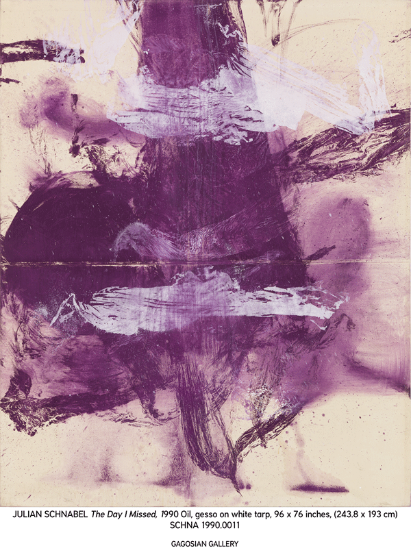 Julian Schnabel: “The Day I Missed” | 1990. Oil, gesso on white tarp, 96 x 76 inches (243.8 x 193 cm). On view at Gagosian Gallery, April 17–May 31.  © Julian Schnabel. Courtesy Gagosian Gallery. Photography by Robert McKeever.