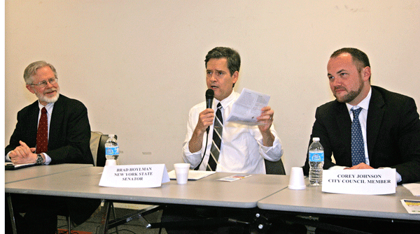 Photo by Sam Spokony L to R: Assemblymember Dick Gottfried, State Senator Brad Hoylman and Councilmember Corey Johnson at the April 21 forum.