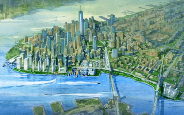 Rendering of one city idea to extend levees in Lower Manhattan 500 feet into the East River and develop buildings on top. 