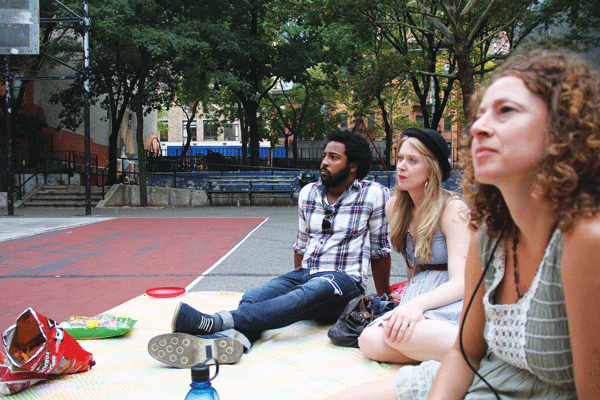 Courtesy of the Irish Arts Center Aug. 25 in the heart of Hell’s Kitchen: a staged reading of “Sanctuary Park,” the new work from Brooklyn-based playwright Ben Holbrook (seen her, left, at the Aug. 11 installment of “Plays in the Park”).