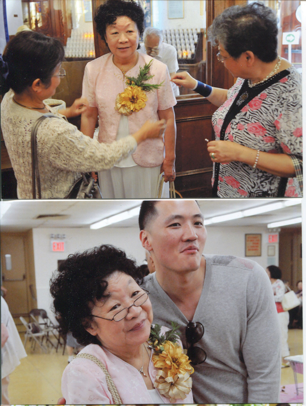 Downtown Express photos by Corky Lee Transfiguration Church parishioners checked Sister Joanna Chan’s corsage at a ceremony honoring her 50 years of service to the church and Chinatown community. (top). Sister Joanna thanked Rev. Raymond Nobiletti, Transfiguration’s pastor. (above) Sister Joanna and Raymond Yu, a former Transfiguration student of hers who went also volunteered with the nun at Sing Sing prison. (below) 