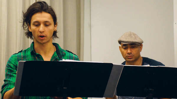 Julian Cihi (foreground, as Galois) and Andrew Guilarte (as La Forge), in rehearsal for Second Generation Productions’ “Galois.”  Photo by Neal Kowalksy