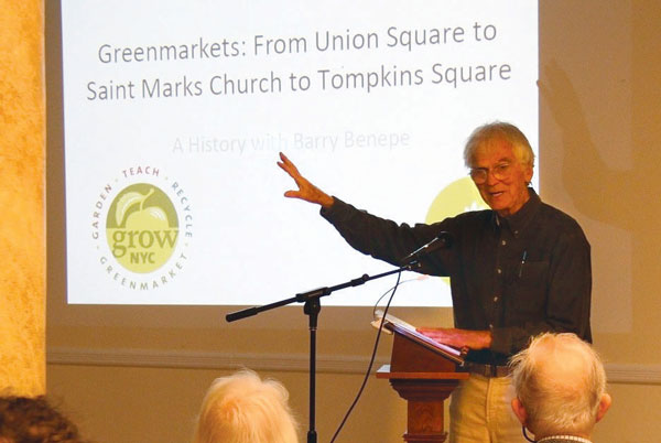 Barry Benepe speaking at St. Brigid’s Church last week about the history of the city’s Greenmarket program.    Photo courtesy of G.V.S.H.P.