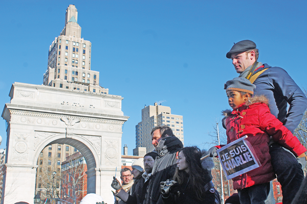 Photo by Zach Williams Hundreds gathered at Washington Square Park on Jan. 10 in solidarity with victims of the Paris massacre. 