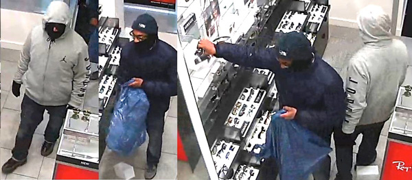 Surveillance images of the alleged Sunglass Hut heist suspects.