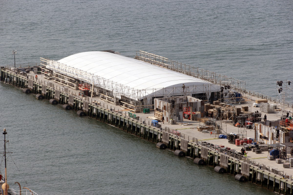 A new tent going up on Tribeca's Pier 26 Wednesday. Downtown Express photo by Milo Hess.