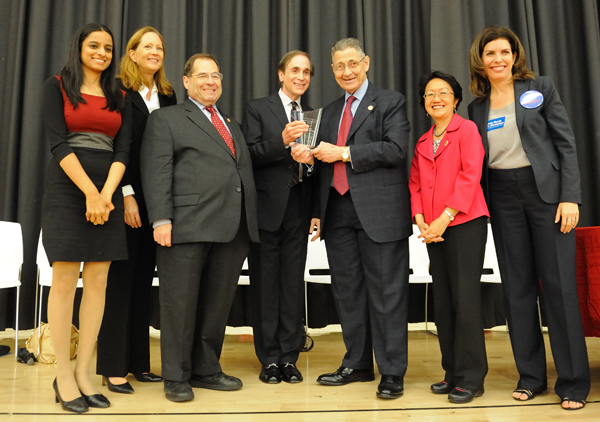 File photo by Terese Loeb Kreuzer Before his downfall, Sheldon Silver was widely feted by his adoring Downtown constituents grateful for how the former Assembly Speaker wielded his considerable power on their behalf. In 2013, the Gateway Plaza Tenants Association presented him with a lifetime achievement award in a ceremony attended by, from left, 65th Assembly District leader Jenifer Rajkumar, Community Board 1 chairwoman Catherine McVay Hughes, Congressman Jerrold Nadler, G.P.T.A. president Glenn Plaskin, Councilmember Margaret Chin and Consumer Affairs Commissioner Julie Menin.