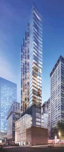 Rendering by DBOx Trinity Place Holdings plans to begin construction this year on this 500-foot luxury condominium tower at the site of the former Syms clothing store at 42 Trinity Pl. The lower floors will host a new, 476-seat elementary school when it is completed in 2019.