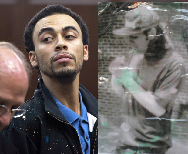 Jairo Pastoressa being arraigned in court in October 2010 for second-degree murder, left, in the death of Christopher Jusko. After Jusko was slain outside 272 E. Seventh St., a memorial photo of him, right, with a message saying he “will always be part of the Stuy Town Fam” was left outside the building.   Villager file photos by Jefferson Siegel, left, and Lincoln Anderson 