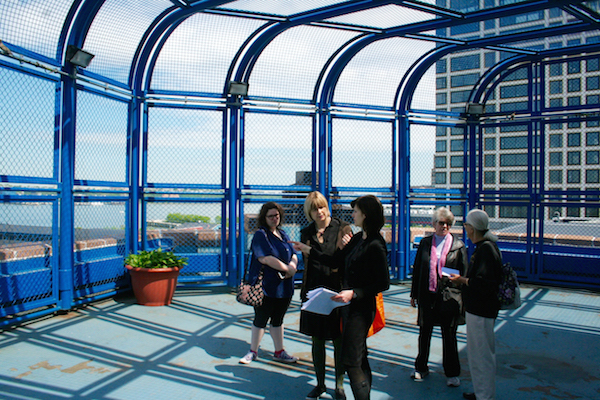 One of the Baview roof decks, looking out over the Hudson River. Whether the cage will stay is still up in the air. Photo by Yannic Rack.