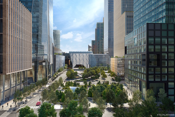 The public plaza that will be the centerpiece of the neighborhood once it opens in 2018, seen together with the new 7 subway stop. Photo courtesy Related-Oxford.