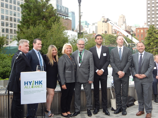 L to R: Alliance Chair Kevin Singleton, the family of Oskar Brecher, Alliance Executive Director and President Robert Benfatto, Mitchell Moinian, Mark Spector, and City Councilmember Corey Johnson. Photo by Sean Egan.