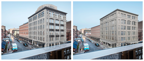 Changes to the original proposal, at left, include a smaller building at 50 Gansevoort St. as well as scaled-down structures at 60-68 and 70-74 Gansevoort St., which are visible in the foreground. Renderings by BKSK Architects. 