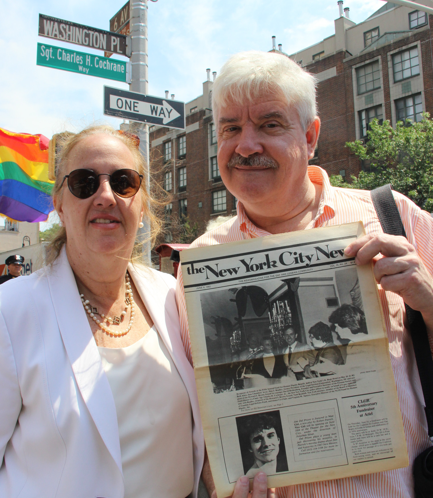 Gale Brewer and Andy Humm, both at the City Council session when Sgt. Charles Cochrane announced that he was gay and a policeman.