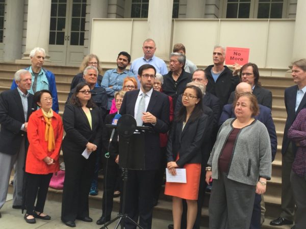 Manhattan politicians and community board members gathered on the City Hall steps on June 3, demanding more community participation in revisions to the state’s alcohol laws. Front row, from left, Councilmembers Margaret Chin and Rosie Mendez, Assemblymember Deborah Glick, state Senator Daniel Squadron, CB3 Chairperson Gigi Li and state Senator Liz Krueger. Also among the group were Assemblymember Brian Kavanagh, CB2 Chairperson Tobi Bergman and former Chairperson David Gruber; Bob Ely and Carter Booth, chairperson and vice chairperson, respectively, of the CB2 Liquor License Committee; District Managers Bob Gormley and Susan Stetzer of CB2 and 3; and Karlin Chan, a CB3 member active on Chinatown bar issues.