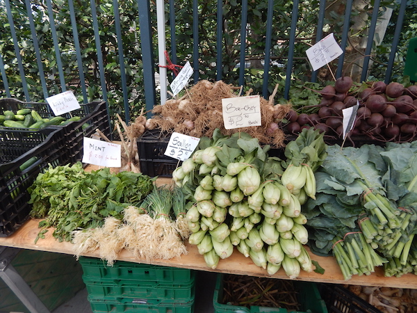 Produce, including mint and bok choy on display at the Jersey Farm Produce stall at Chelsea Farmers Market. Photo by Jane Argodale.