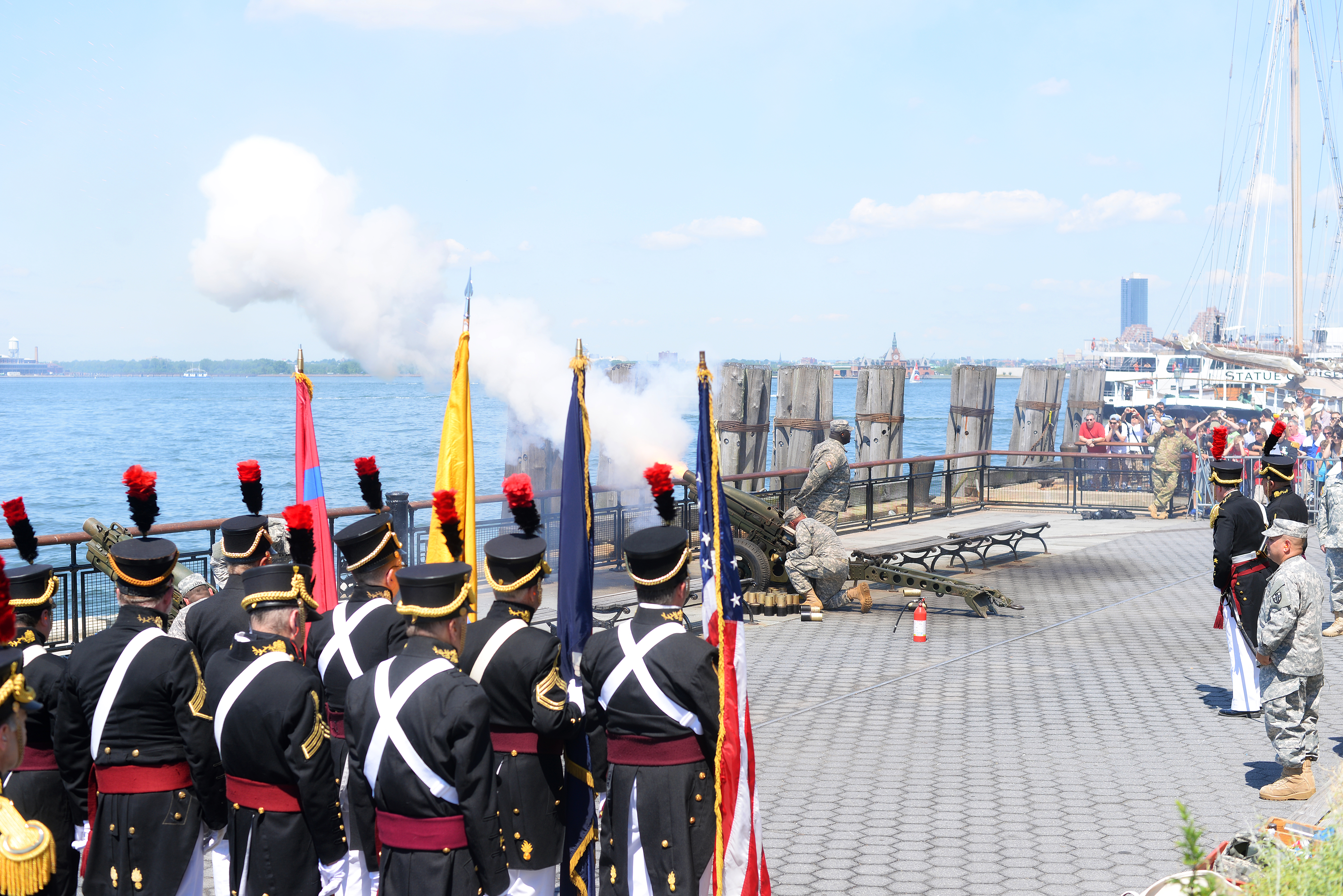 Photo by Franz Lino The Veteran Corps of Artillery, formed in 1791 and the oldest active military unit in New York state, led a 50-round Salute to the Nation with a battery of four 75mm pack howitzers at Castle Clinton on July 4.