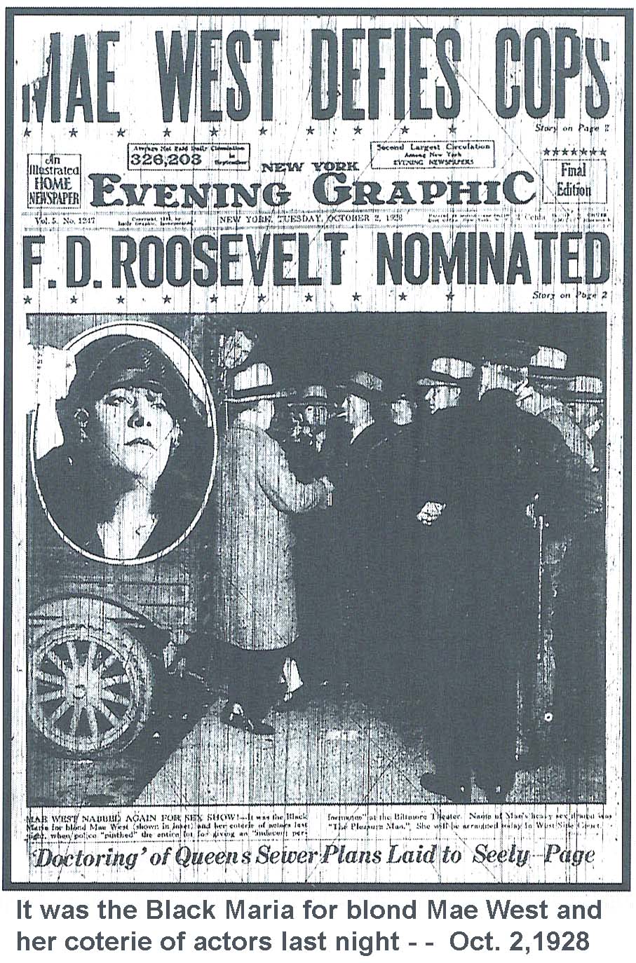 The Oct. 2, 1928, Evening Graphic, featuring a Page One story about Mae West being arrested for her provocative play "Sex."