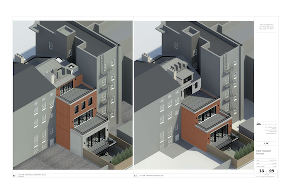 A rendering of the backyard at 404 W. 20th St., with the current, approved plan on right. Image courtesy LPC.