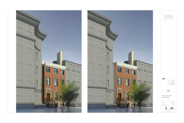 A view of the restored façade in the approved plans, showing the side yard eliminated. On right, a front view featuring the clapboard-like siding. Image courtesy LPC.