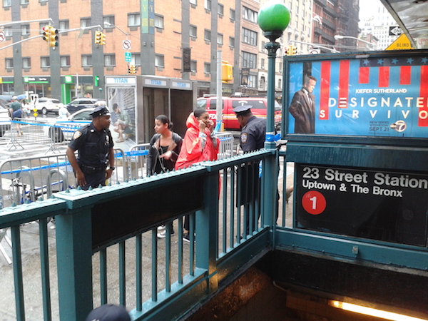 There’s still a heavy police presence in the W. 23rd St. area. The 1 train will be skipping the pictured 23 Street Station (in both directions) until further notice. Photo by Scott Stiffler