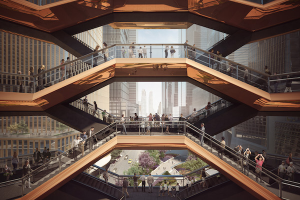 An upper level view, from inside the Vessel. Rendering courtesy of Forbes Massie-Heatherwick Studio.