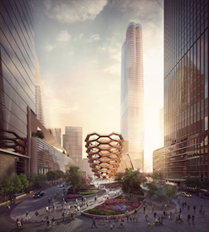 A view of the public square and gardens, looking south from W. 33rd St. Rendering courtesy Forbes Massie-Heatherwick Studio.