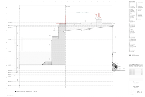 A view of the revised plans for 334 W. 20th St. (original proposal outlined in red). The third floor extension pictured will not be included in construction going forward, though the controversy-sparking first and second floor extension will remain. Courtesy Landmarks Preservation Commission.