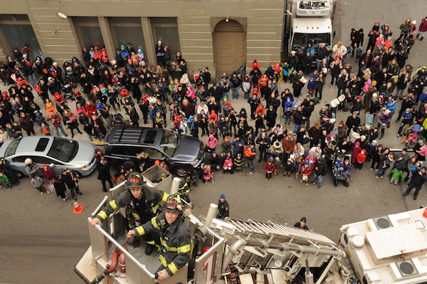 The NYC Fire Museum’s Dec. 4 Santa Rescue deploys a ladder truck to help a stuck St. Nick. Photo courtesy the Museum.