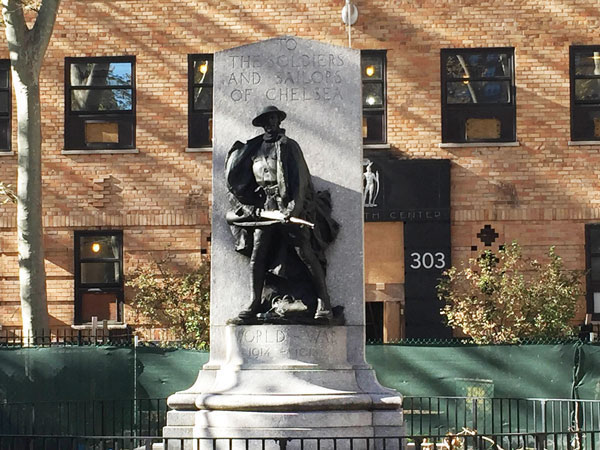 The “Chelsea Doughboy” statue on Ninth Ave. is the site of an annual memorial ceremony. Photo by Sean Egan.