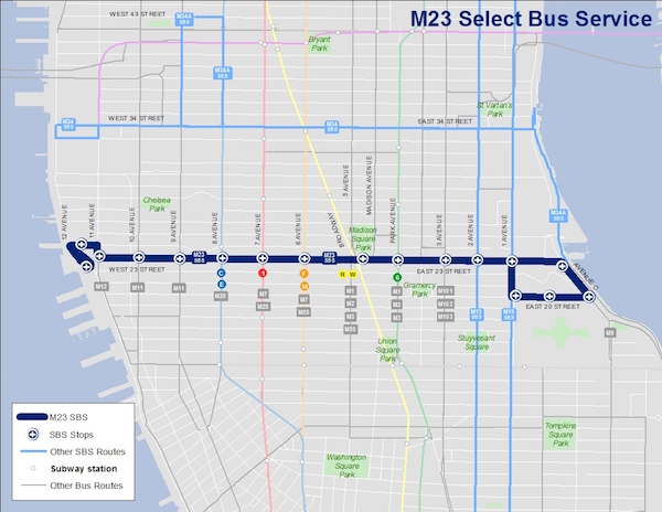 The new SBS route is identical to the old M23 route, sans stops at Madison Square Park and Lexington Ave. Image courtesy MTA.