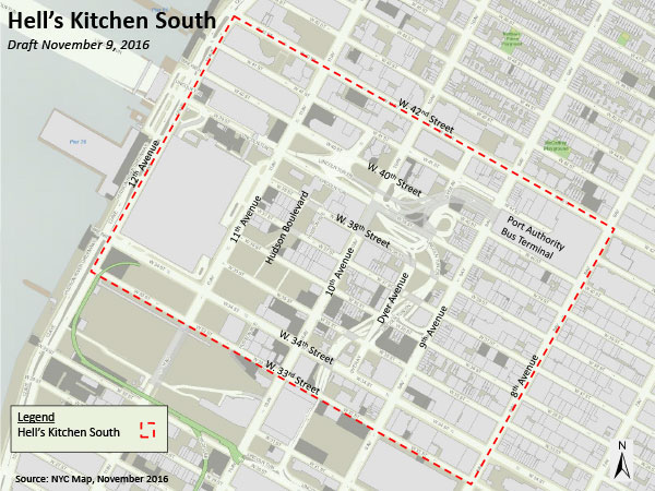 Hell's Kitchen South, the area outlined in red, is being assessed by CB4 in order to identify land owned by the PA, community facilities, affordable housing, historic properties, and highlight what's at stake regarding PA's bus terminal expansion. Image by Patty Gouris, courtesy CB4 Hell’s Kitchen Working Group.