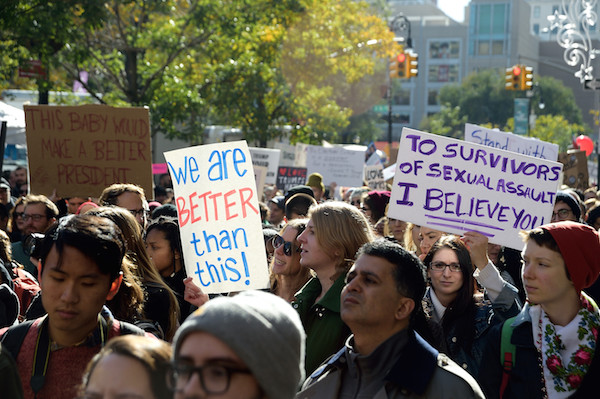 The crowd included many stunned that an alleged sexual predator won the presidential election. Photo by Donna Aceto.