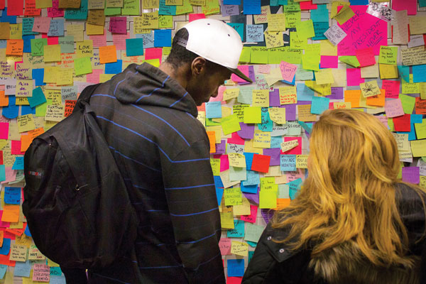 Thousands of people have posted messages at subway stations like Union Square (above) to express their opinions about the presidential election. Photo by Zach Williams.