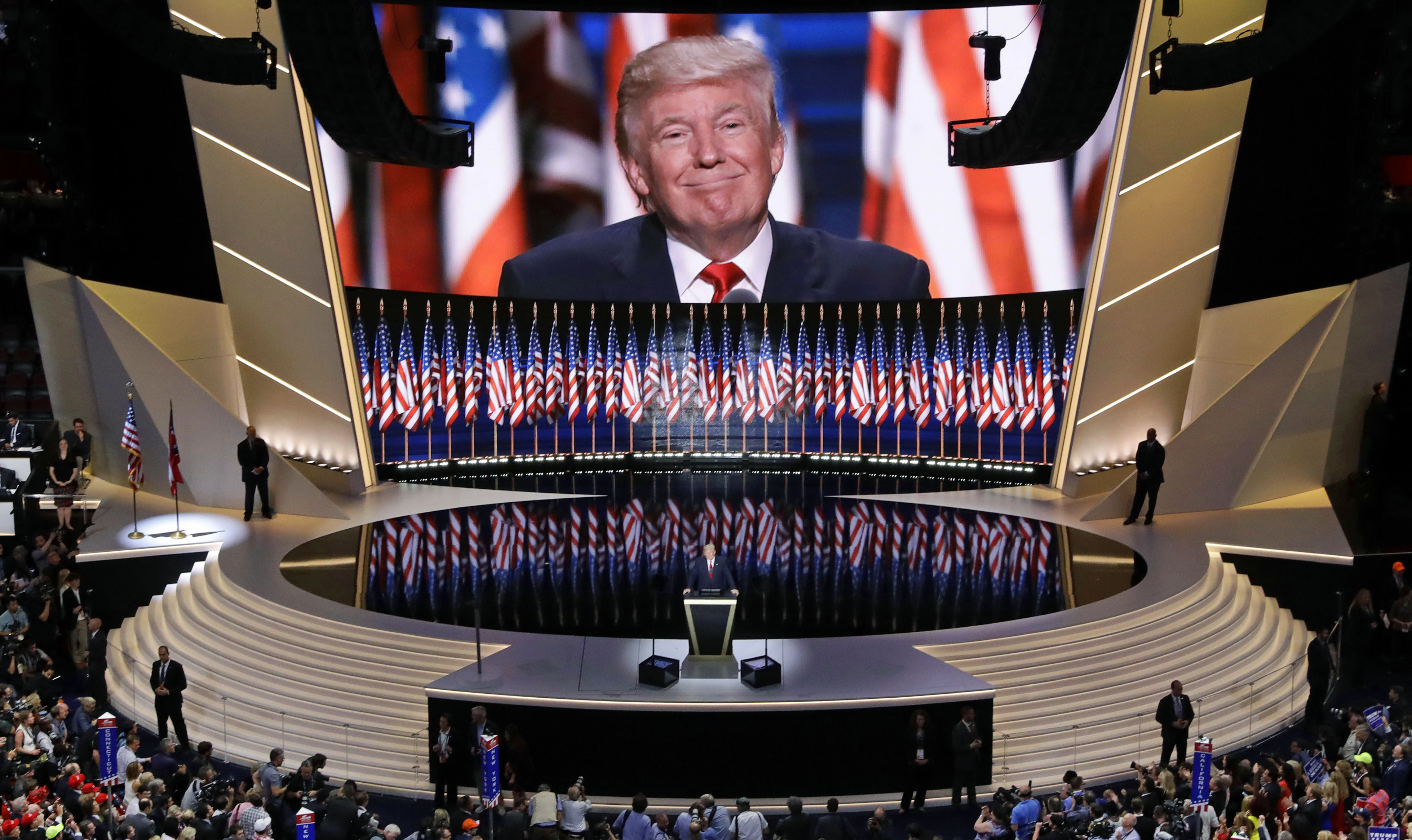 Associated Press / Patrick Semansky Trump Uber Alles:  Donald Trump greets his minions at the Republican National Convention in July.