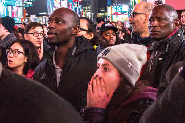 Times Square onlookers react to news that Donald Trump has just won Florida. Photo by Zach Williams. 