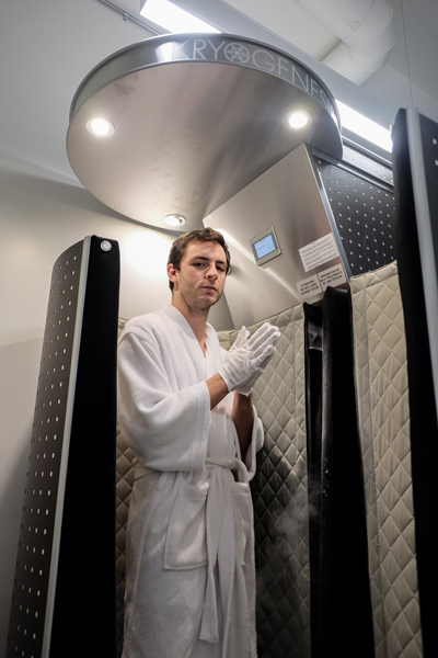 Photo by Tequila Minsky Down to his skivvies under the robe, intrepid reporter Dennis Lynch enters the full-body “cryosauna” — wearing gloves to guard against frostbite — and prepares to undergo the KryoGenesis process.