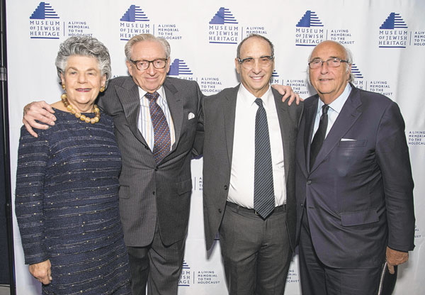 Museum of Jewish Heritage / Melanie Einzig Left to right, Klara Silverstein, founding museum trustee Larry Silverstein, museum chairman Bruce Ratner, and museum vice chairman George Klein, gathered at the Museum of Jewish Heritage for a luncheon on Oct. 27 to honor the chairman of Silverstein Properties for his commitment both to building the museum, and to rebuilding the neighborhood of Downtown.