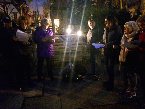 The Clement Clark Moore Park Chanukah menorah shines daily, from 5pm to dawn, during the festival. Photo by Pamela Parlapiano.