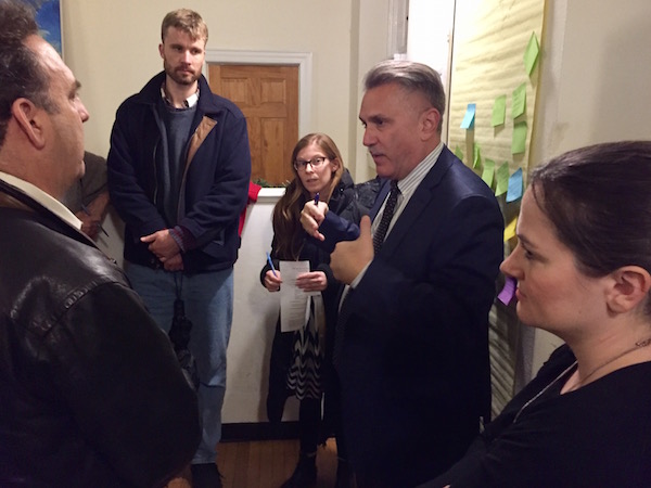 CB4’s Joe Restuccia with one of the groups during a brainstorming session whose categories included Small Business/Community Services, Neighborhood Preservation, Air Quality, Parks, Transportation, and Housing. Photo by Eileen Stukane. 