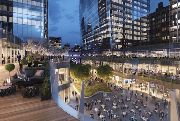 Brookfield Properties will build a public plaza, restaurants, and retail spaces at Manhattan West at the base of its towers. Photo courtesy Brookfield Properties.