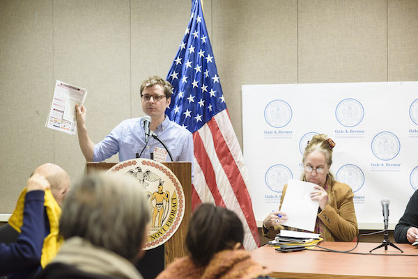 Brandon Kielbasa of Stand for Tenant Safety and Manhattan Borough President Gale Brewer. Photo by Jordan Rathkopf.