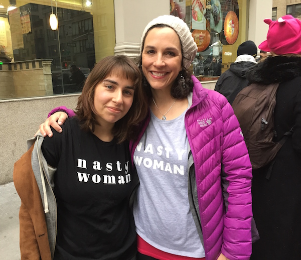 L to R: Kyra Schor and her mother Alex Trinkoff, just before they took a bus from NYC to DC. Like many mother/daughter duos at the March, they were separated by a generation but linked in their present-day views. 